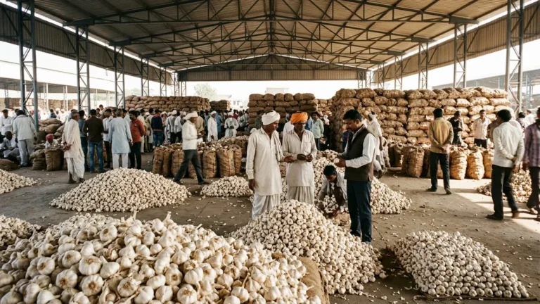 Neemuch Mandi: लहसुन ₹27,500 पार, 12,600 बोरी आवक से शेड फुल